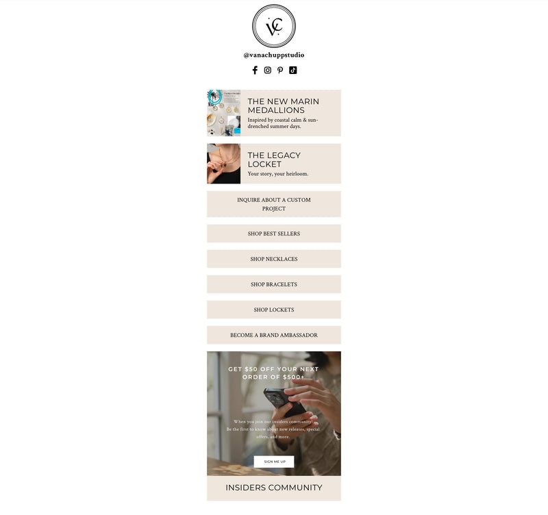 Pre-built Shopify Theme Section Design - Vana Chupp Studio