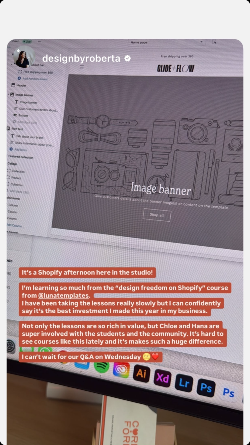 It's a Shopify afternoon here in the studio!I'm learning so much from the "design freedom on Shopify" course from @lunatemplates. I have been taking the lessons really slowly but I can confidently say it's the best investment I made this year in my business.Not only the lessons are so rich in value, but Chloe and Hana are super involved with the students and the community. It's hard to see courses like this lately and it makes such a huge difference.I can't wait for our Q&A on Wednesday.