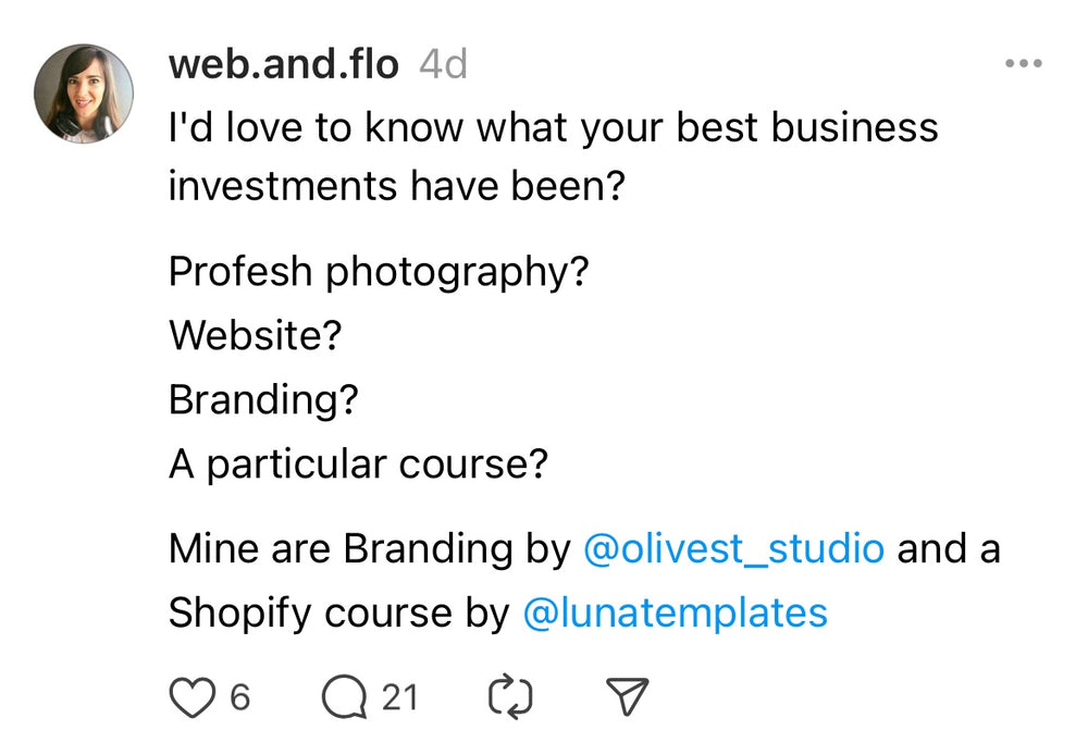 I'd love to know what your best business investments have been?Profesh photography?Website?Branding?A particular course?Mine are Branding by @olivest_studio and a Shopify course by @lunatemplates