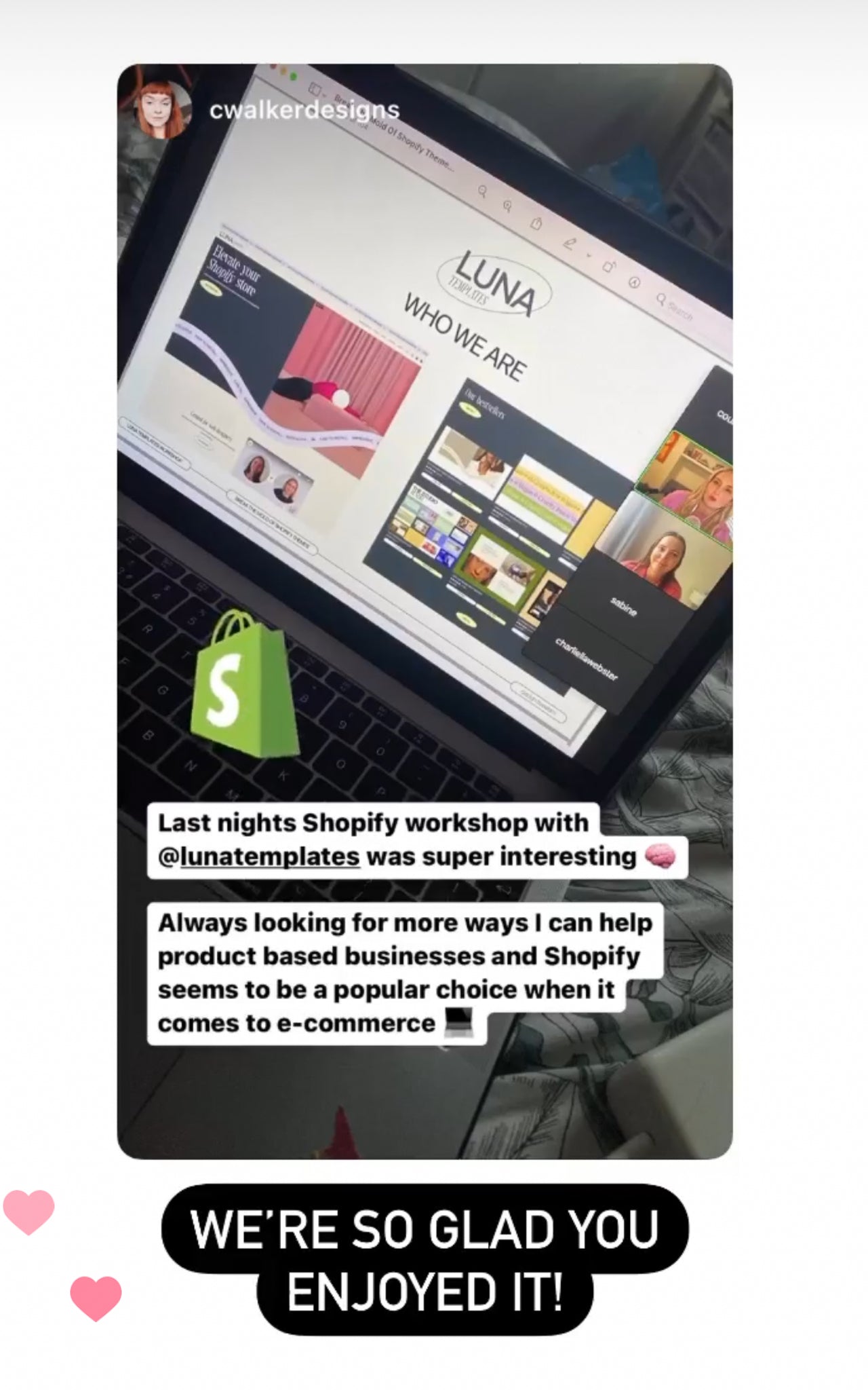 Luna Templates Shopify workshop testimonial screenshot